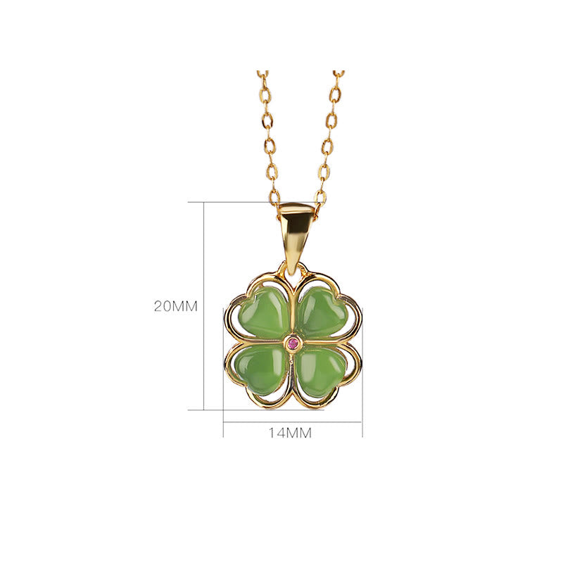 Collier porte-bonheur en argent et jade cyan Hetian avec trèfle à quatre feuilles