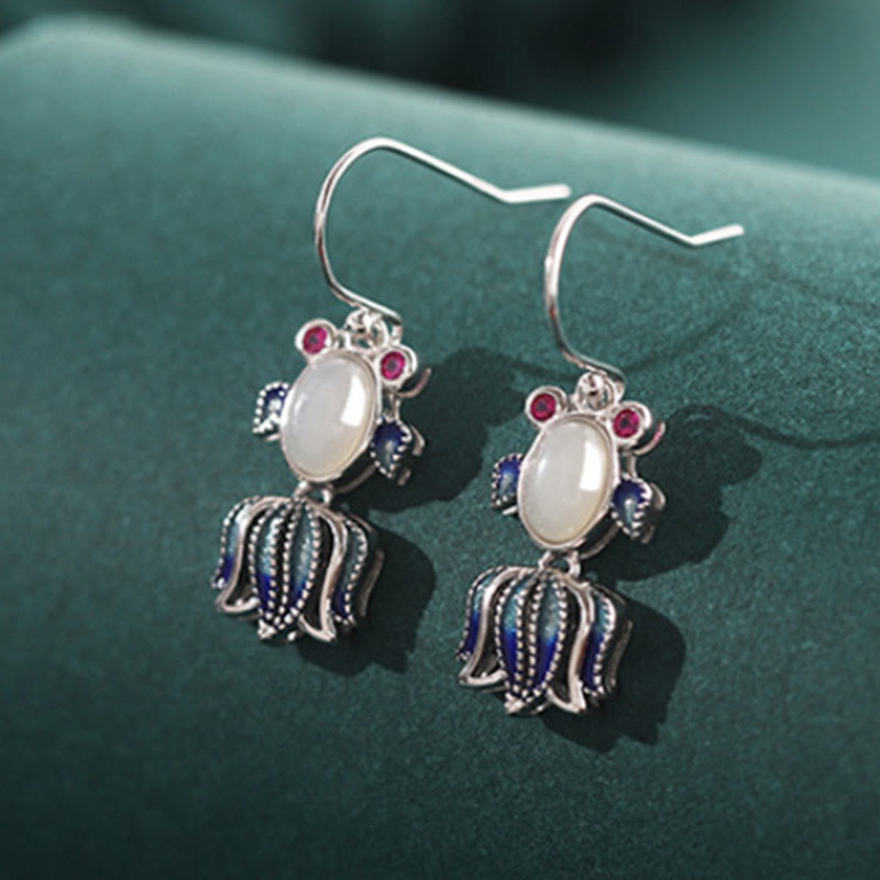 Boucles d'oreilles pendantes en argent et jade blanc et agate rouge de Hetian