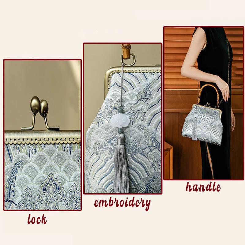 Sac bandoulière Silver Lines avec poignée en bambou 26 cm