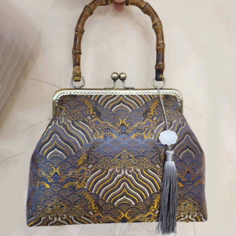Sac bandoulière Silver Lines avec poignée en bambou 26 cm