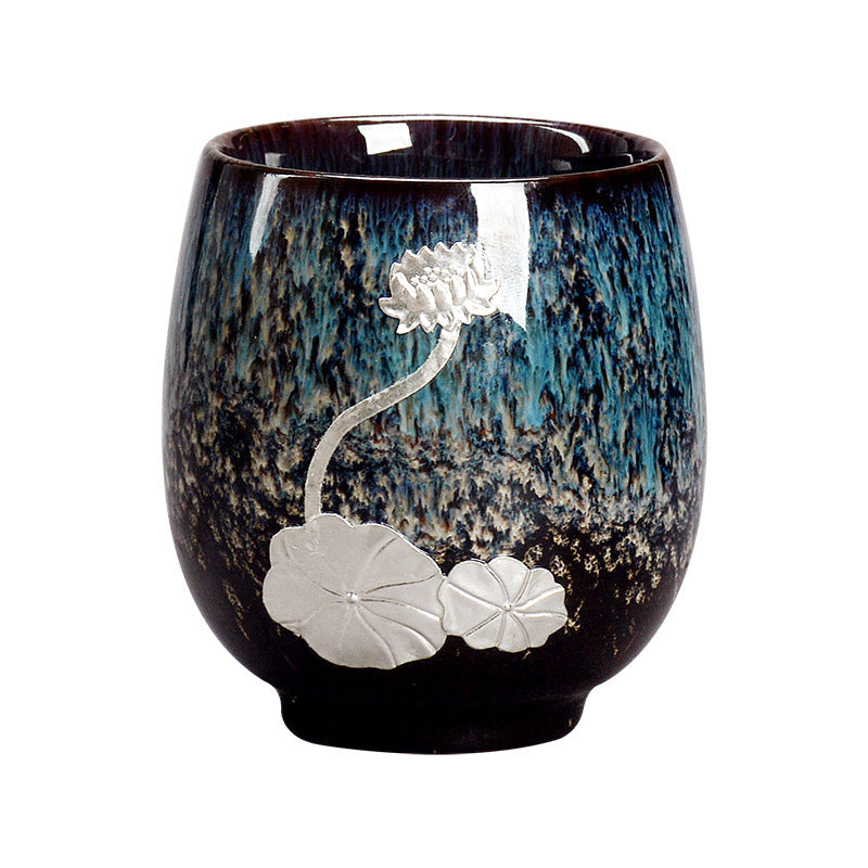 Tasse à thé en céramique chinoise Jianzhan avec feuille de lotus argentée, 150 ml
