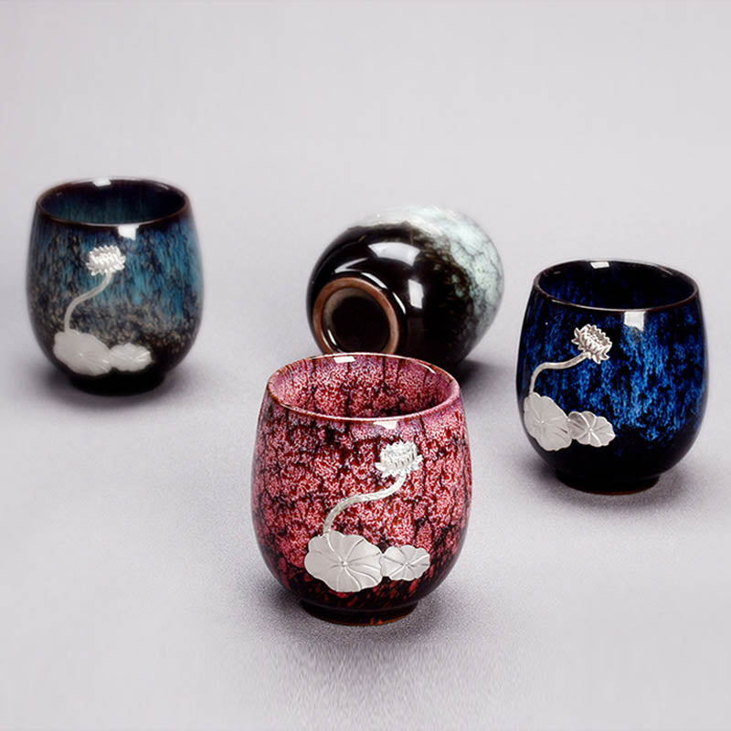 Tasse à thé en céramique chinoise Jianzhan avec feuille de lotus argentée, 150 ml