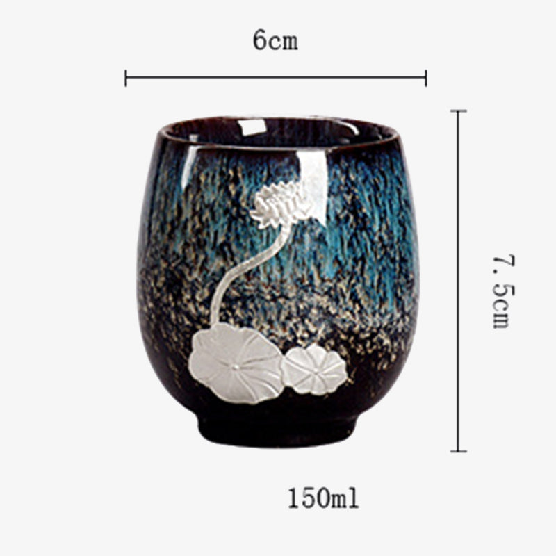 Tasse à thé en céramique chinoise Jianzhan avec feuille de lotus argentée, 150 ml