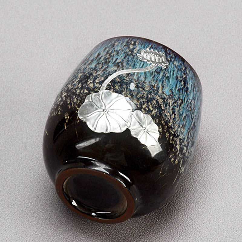 Tasse à thé en céramique chinoise Jianzhan avec feuille de lotus argentée, 150 ml