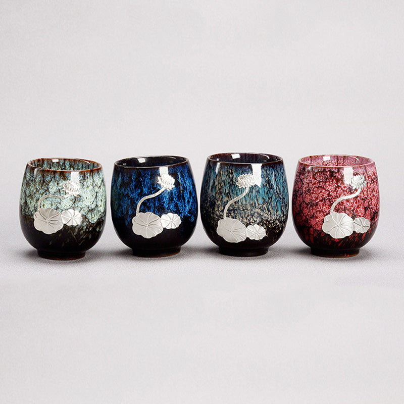 Tasse à thé en céramique chinoise Jianzhan avec feuille de lotus argentée, 150 ml