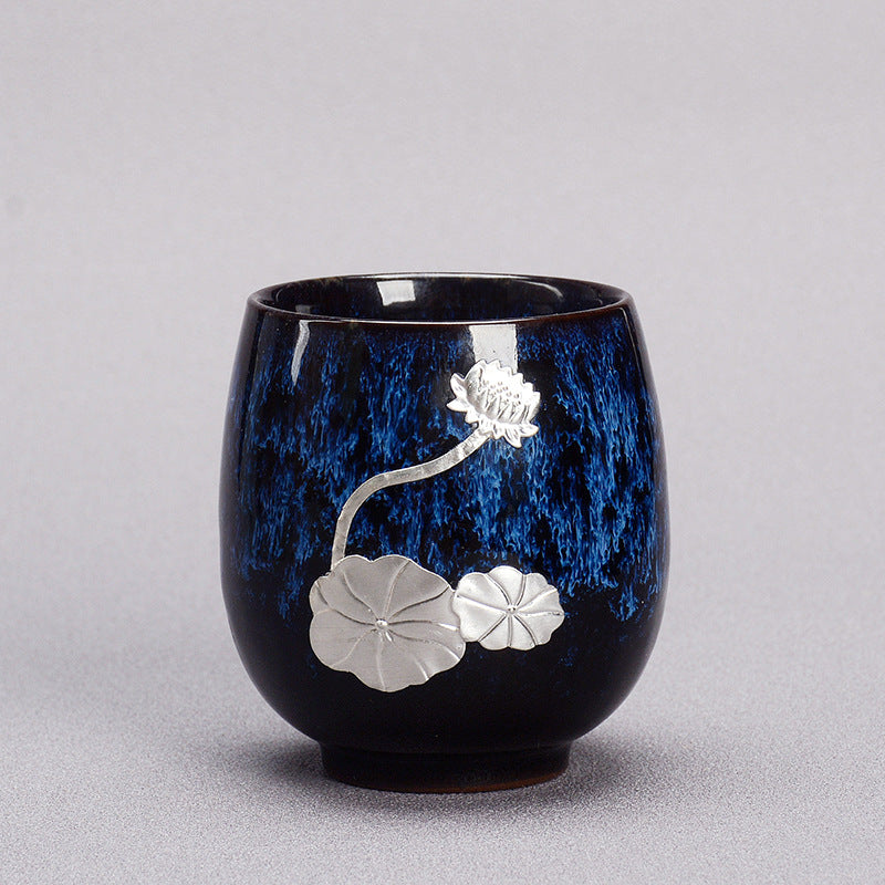 Tasse à thé en céramique chinoise Jianzhan avec feuille de lotus argentée, 150 ml