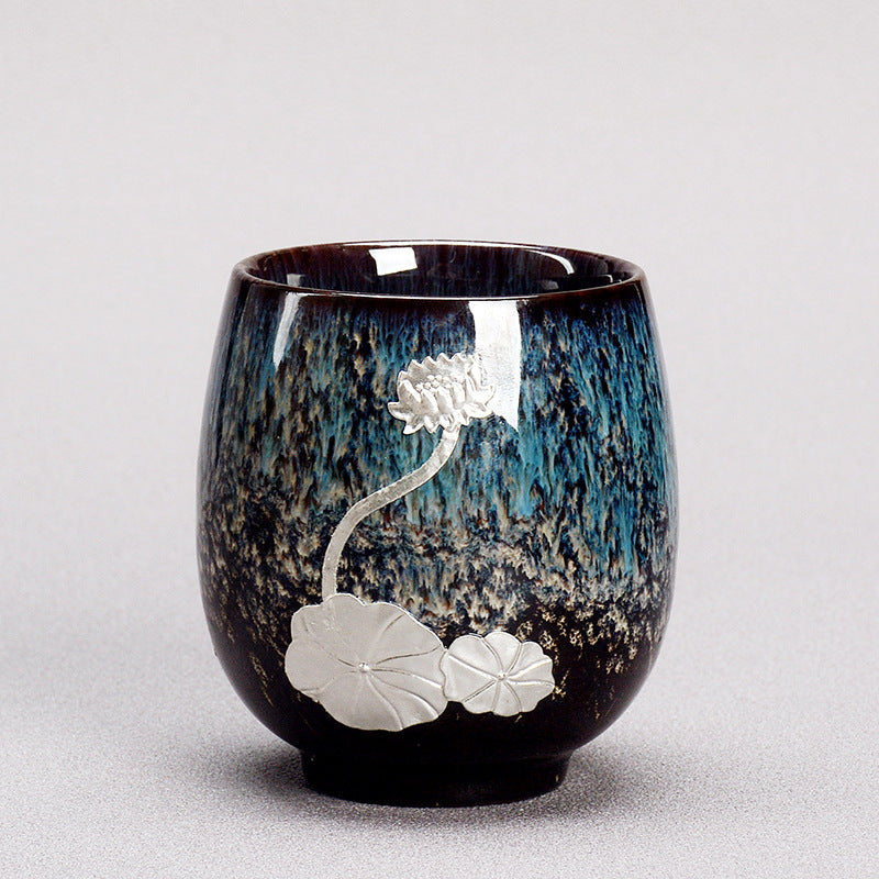 Tasse à thé en céramique chinoise Jianzhan avec feuille de lotus argentée, 150 ml