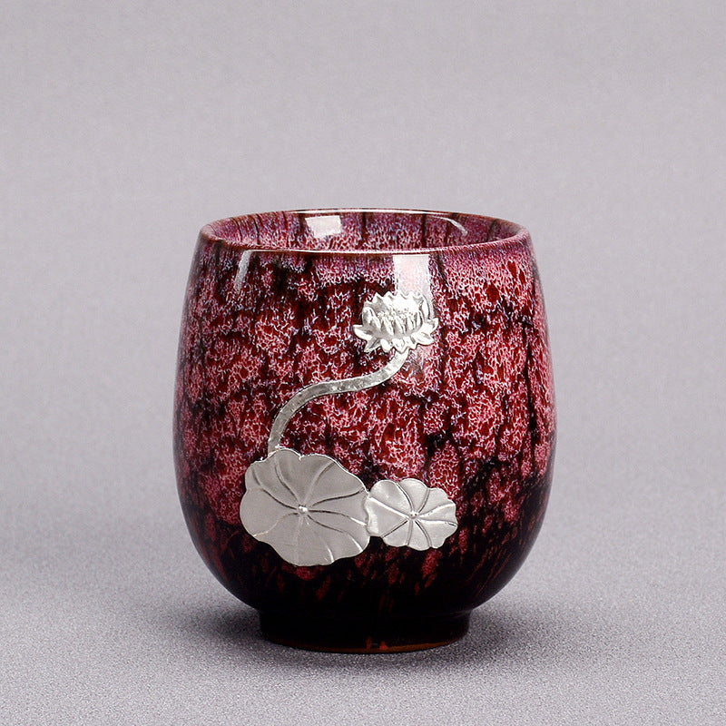 Tasse à thé en céramique chinoise Jianzhan avec feuille de lotus argentée, 150 ml