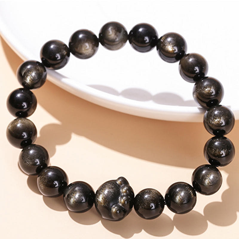 Bracelet de communication en obsidienne argentée brillante de 8 mm