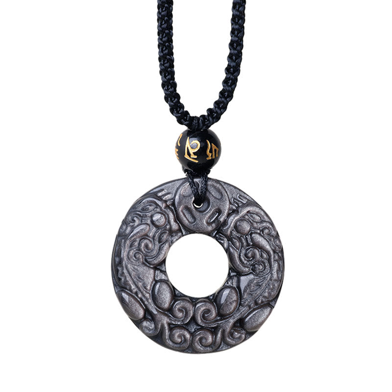 Collier pendentif double protection PiXiu en obsidienne argentée