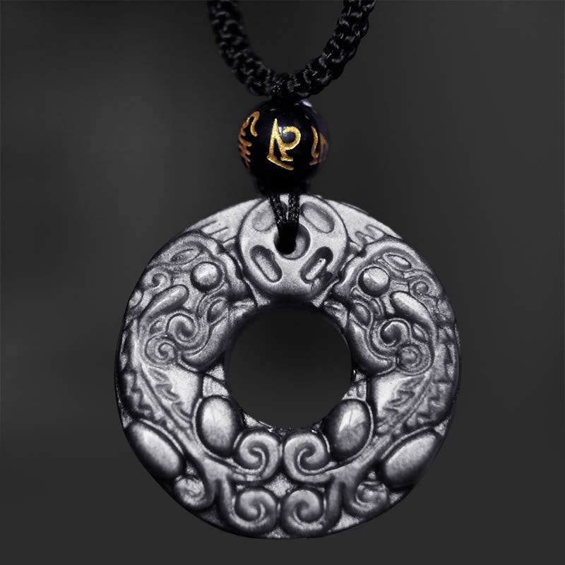 Collier pendentif double protection PiXiu en obsidienne argentée