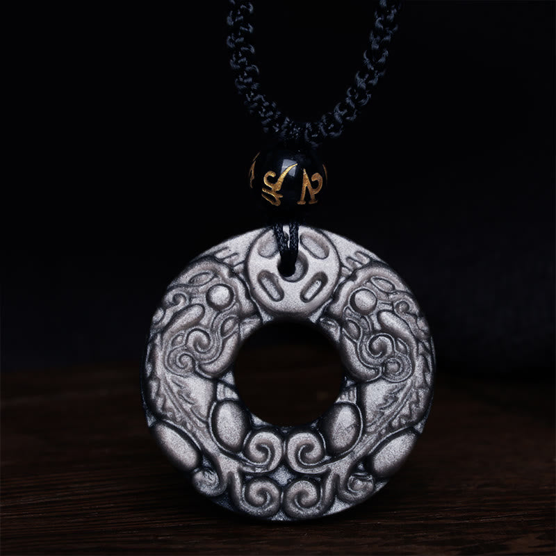 Collier pendentif double protection PiXiu en obsidienne argentée