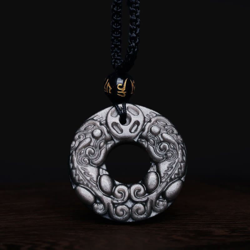 Collier pendentif double protection PiXiu en obsidienne argentée