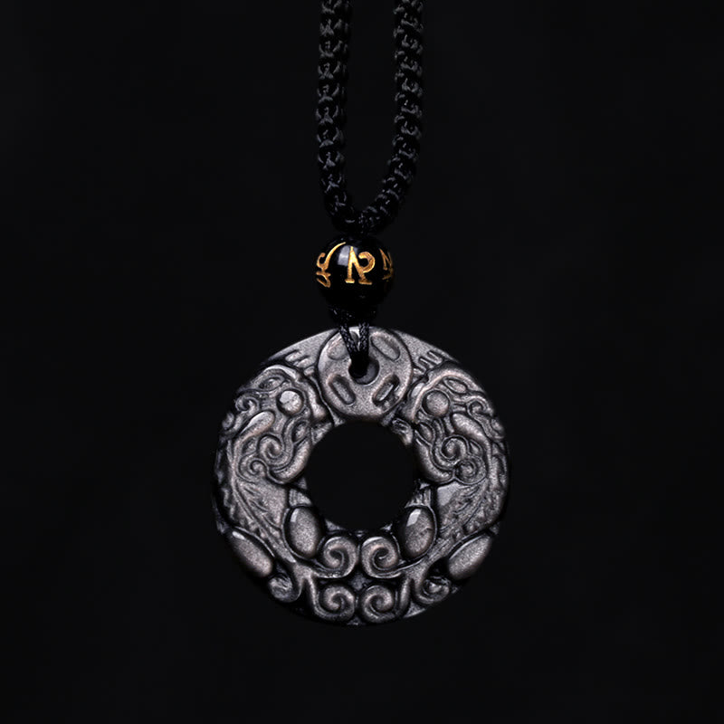 Collier pendentif double protection PiXiu en obsidienne argentée