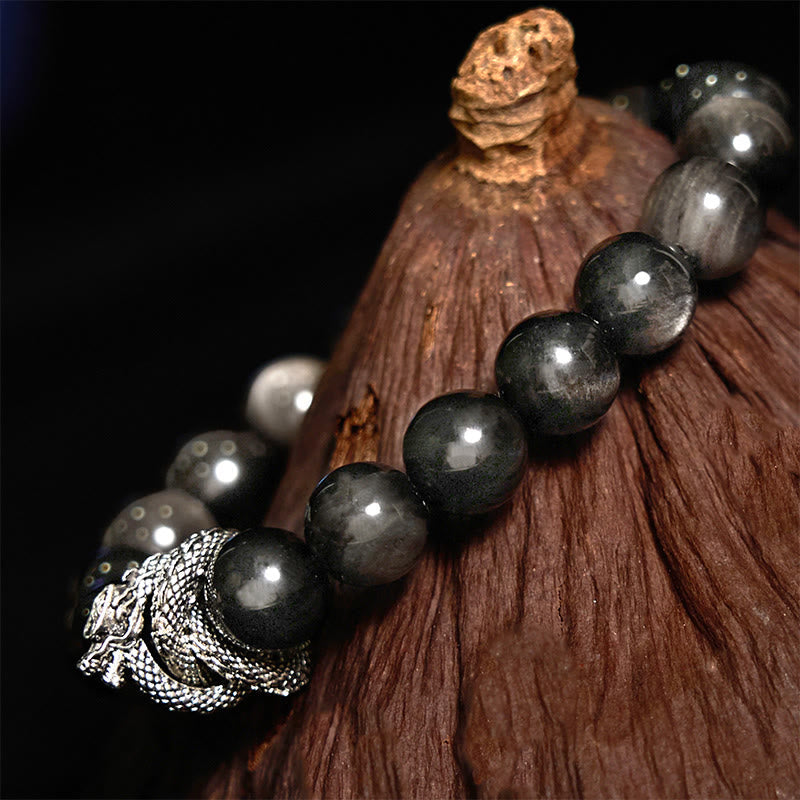 Bracelet de protection dragon en obsidienne argentée brillante 10 mm