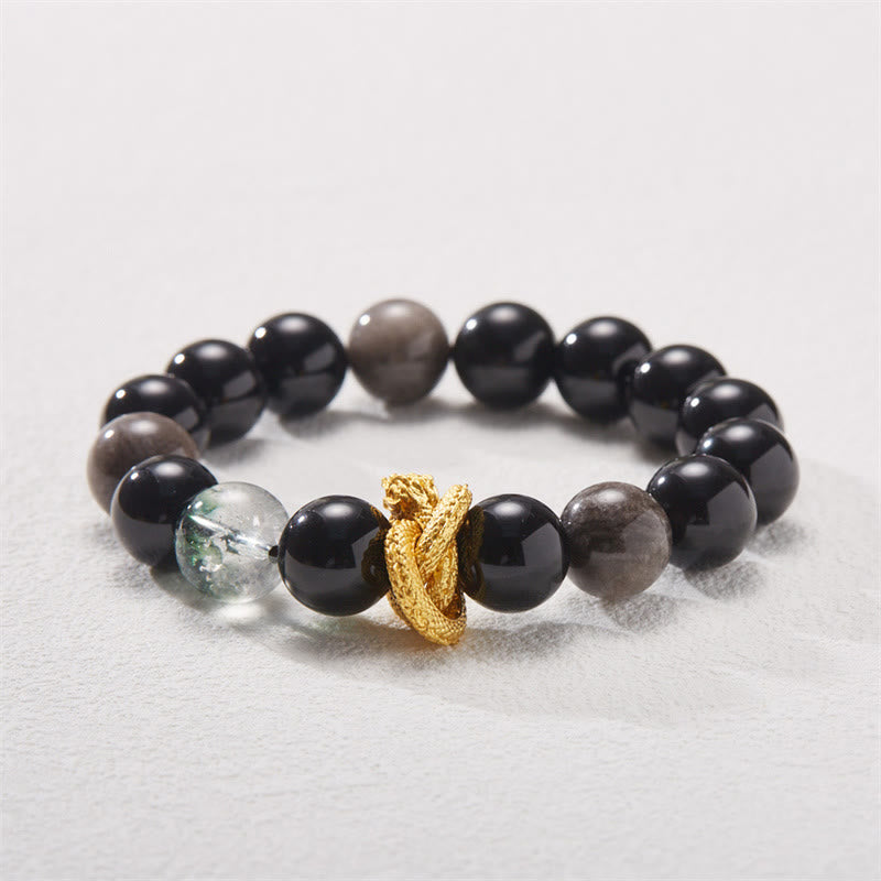 Bracelet de protection dragon en obsidienne argentée brillante 12 mm