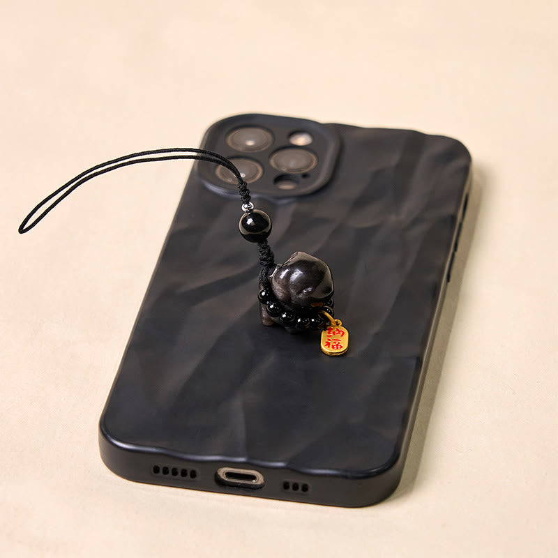 Collier de protection du personnage Fu en obsidienne argentée