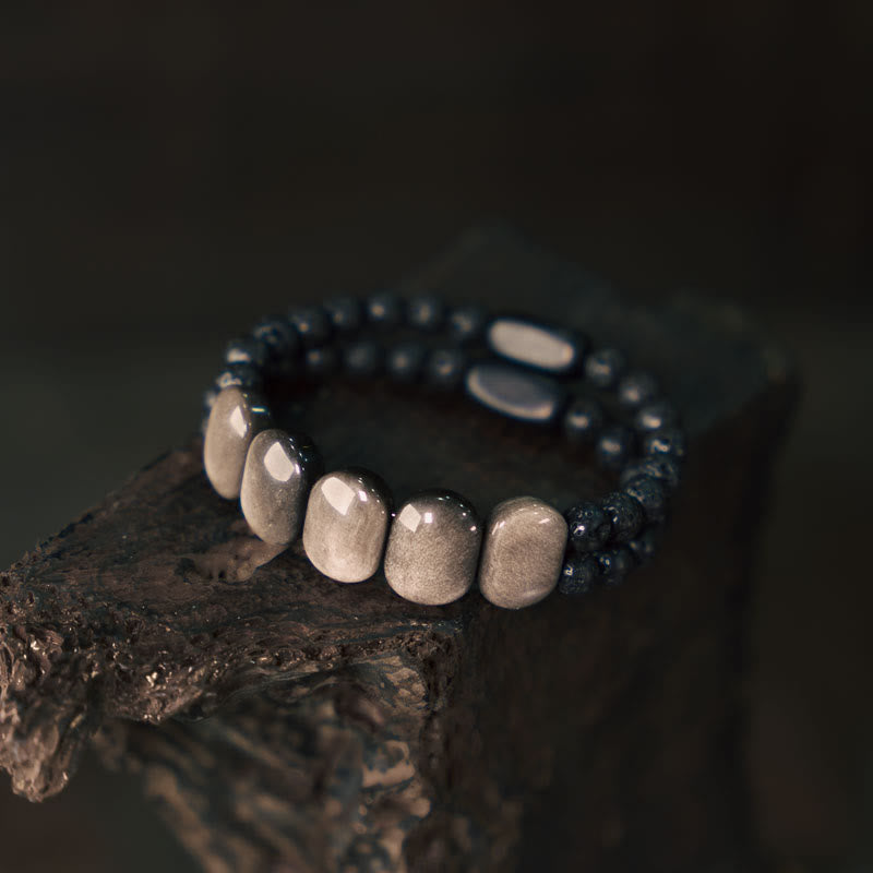 Bracelet de communication en pierre de lave obsidienne argentée brillante 16 cm