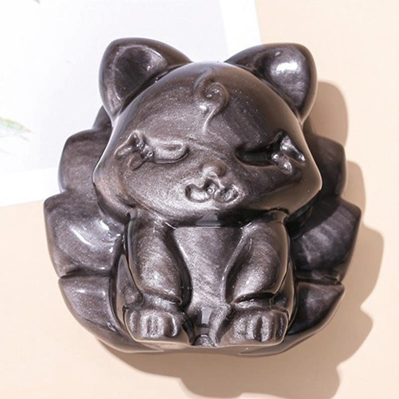Figurine de renard à neuf queues en obsidienne argentée brillante 7 cm Protection