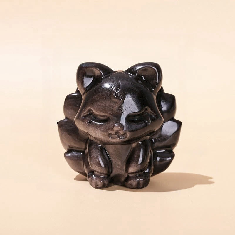 Figurine de renard à neuf queues en obsidienne argentée brillante 7 cm Protection