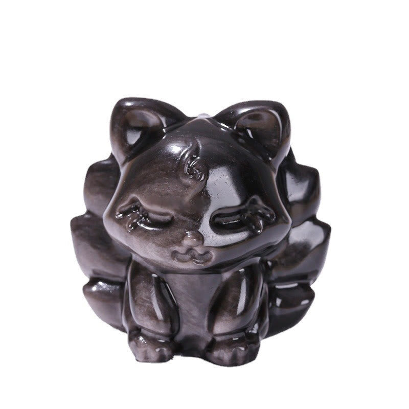 Figurine de renard à neuf queues en obsidienne argentée brillante 7 cm Protection