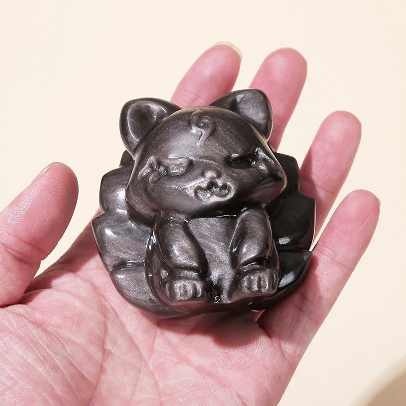 Figurine de renard à neuf queues en obsidienne argentée brillante 7 cm Protection