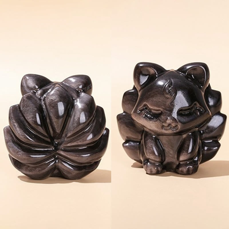 Figurine de renard à neuf queues en obsidienne argentée brillante 7 cm Protection