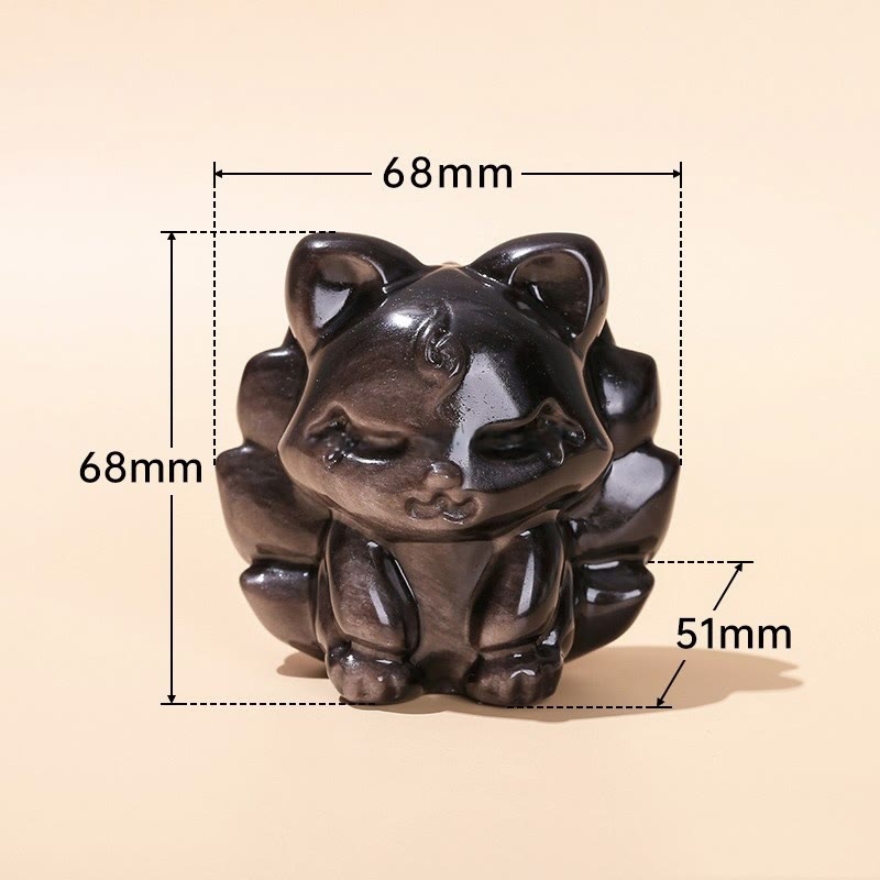 Figurine de renard à neuf queues en obsidienne argentée brillante 7 cm Protection