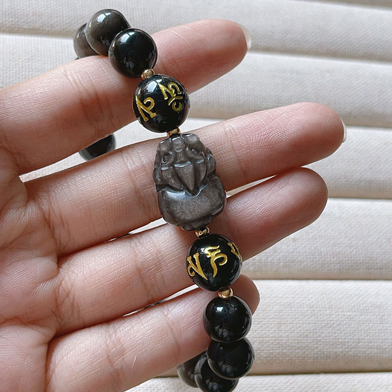 Bracelet de protection Pixiu en obsidienne argentée brillante 14-16 cm