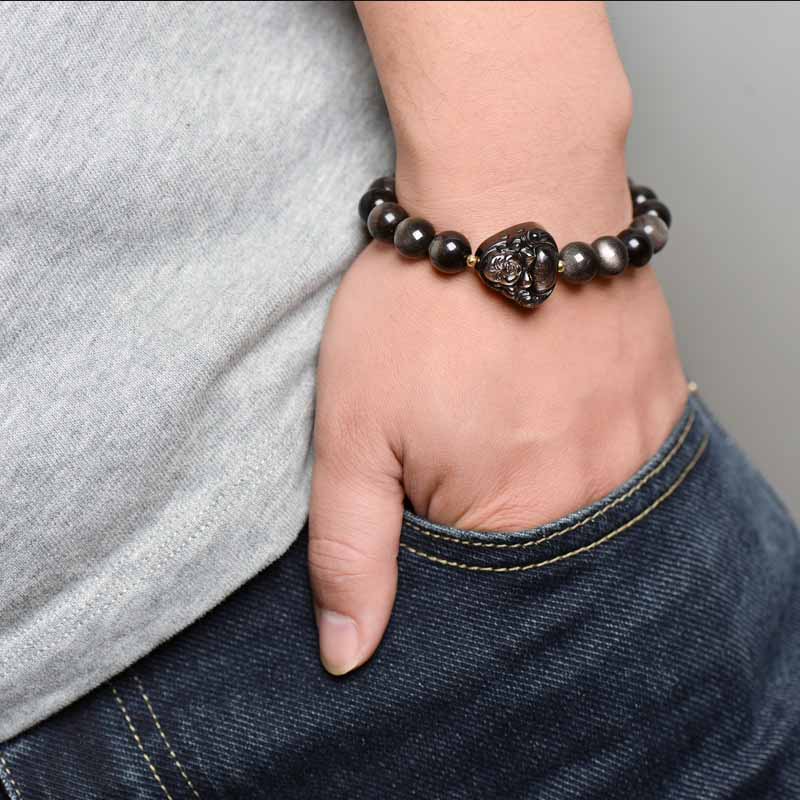 Bracelet de protection en obsidienne argentée, perles de méditation de 8 mm