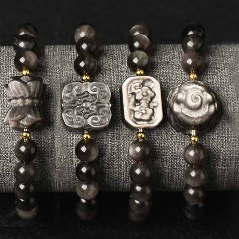 Bracelet de protection en obsidienne argentée, perles de méditation de 8 mm