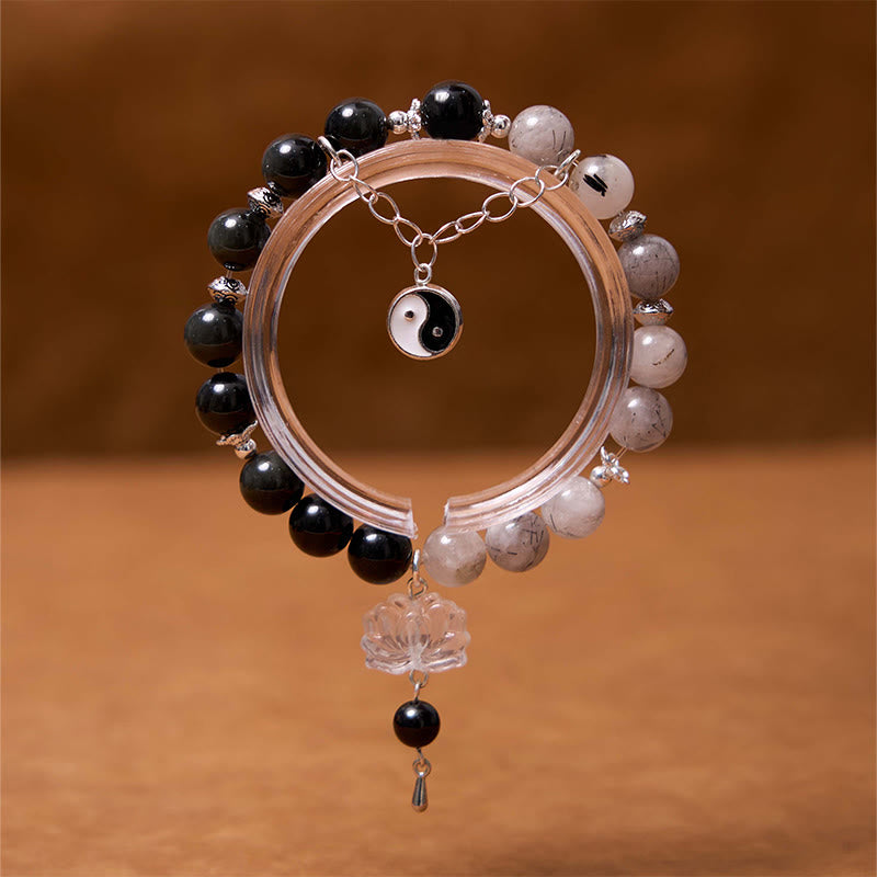 Bracelet de protection en obsidienne argentée avec breloque lotus Yin Yang