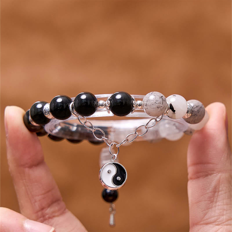 Bracelet de protection en obsidienne argentée avec breloque lotus Yin Yang
