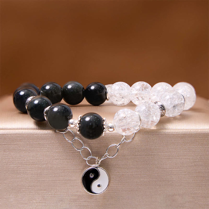 Bracelet de protection en obsidienne argentée avec breloque lotus Yin Yang