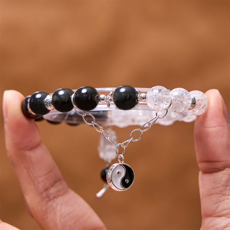 Bracelet de protection en obsidienne argentée avec breloque lotus Yin Yang