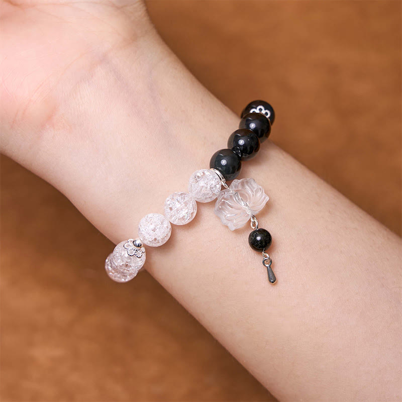 Bracelet de protection en obsidienne argentée avec breloque lotus Yin Yang