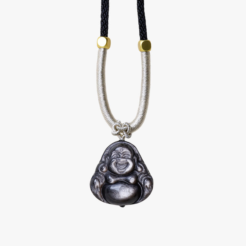 Collier de protection en obsidienne argentée avec Bouddha rieur