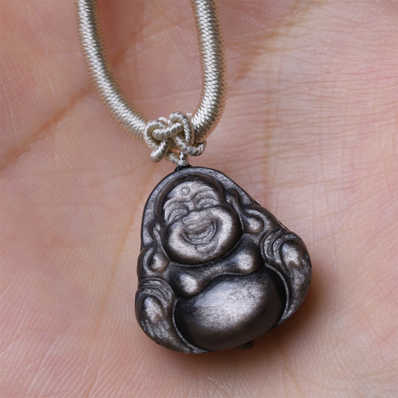 Collier de protection en obsidienne argentée avec Bouddha rieur