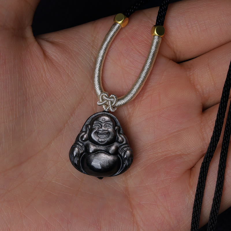 Collier de protection en obsidienne argentée avec Bouddha rieur