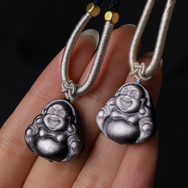 Collier de protection en obsidienne argentée avec Bouddha rieur
