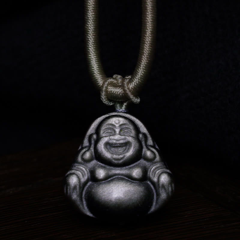 Collier de protection en obsidienne argentée avec Bouddha rieur