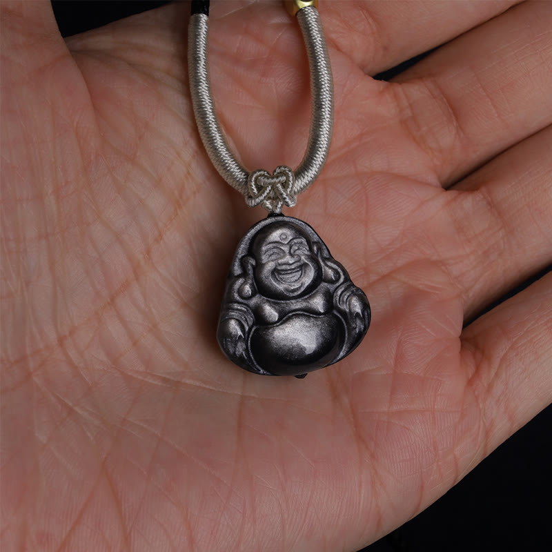Collier de protection en obsidienne argentée avec Bouddha rieur