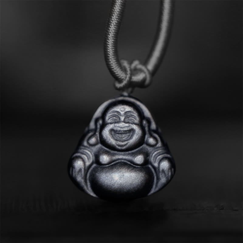Collier de protection en obsidienne argentée avec Bouddha rieur