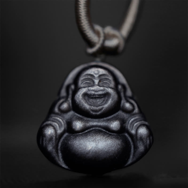 Collier de protection en obsidienne argentée avec Bouddha rieur