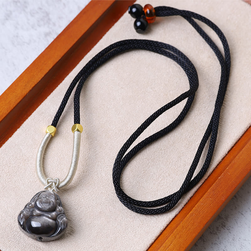 Collier de protection en obsidienne argentée avec Bouddha rieur