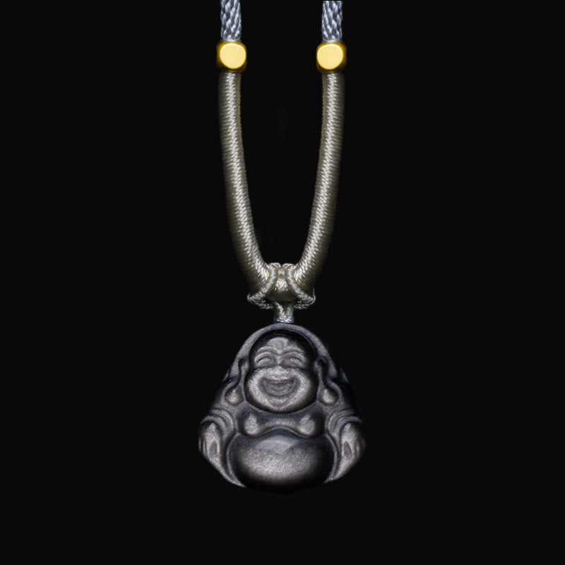 Collier de protection en obsidienne argentée avec Bouddha rieur