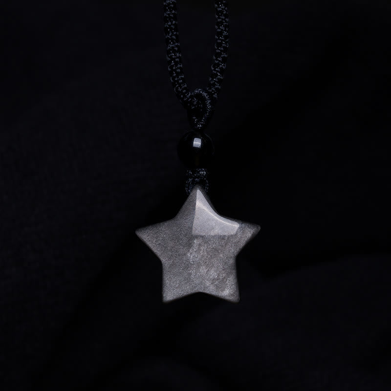 Collier de protection en obsidienne argentée avec étoile et lune