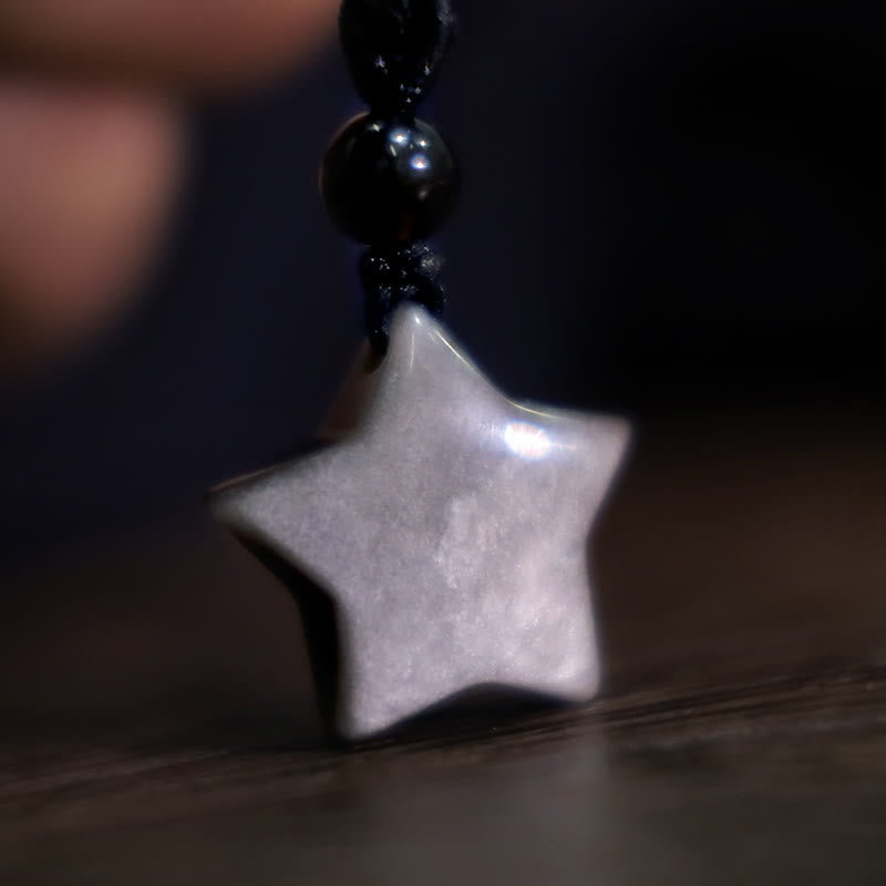 Collier de protection en obsidienne argentée avec étoile et lune
