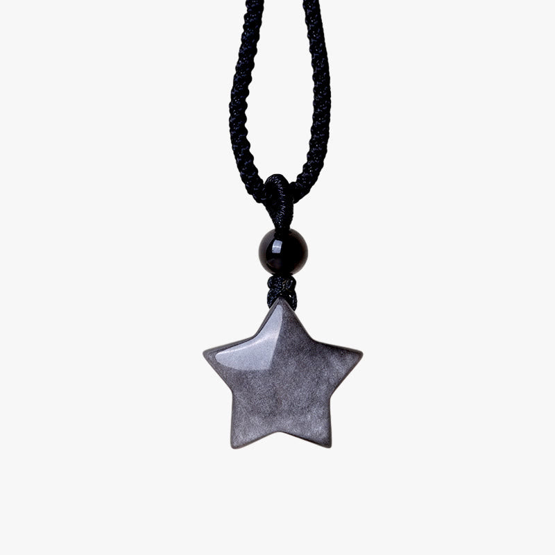 Collier de protection en obsidienne argentée avec étoile et lune