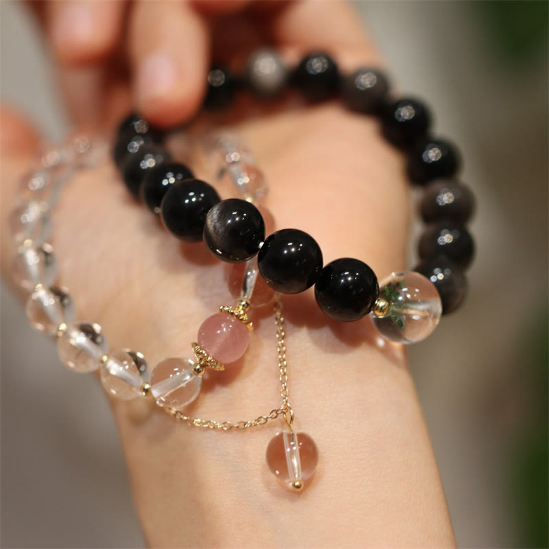 Bracelet de protection Yin Yang en obsidienne argentée